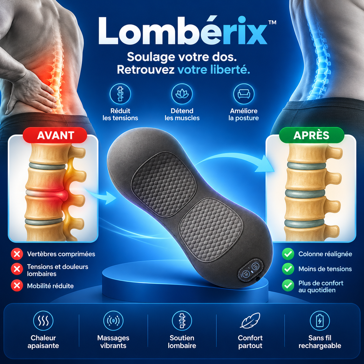 Lombérix™ Appareil Lombaire Triple Thérapie | Éliminez la sciatique et le mal de dos en 15 minutes par jour !