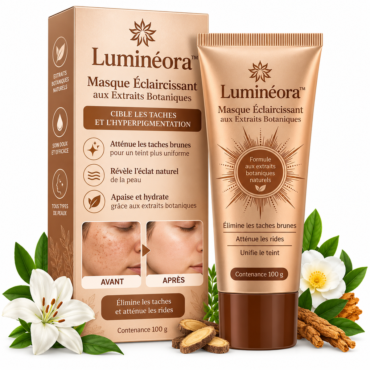 Luminéora™ Masque Éclaircissant aux Extraits Botaniques | Efface les taches brunes en 10 minutes par jour!