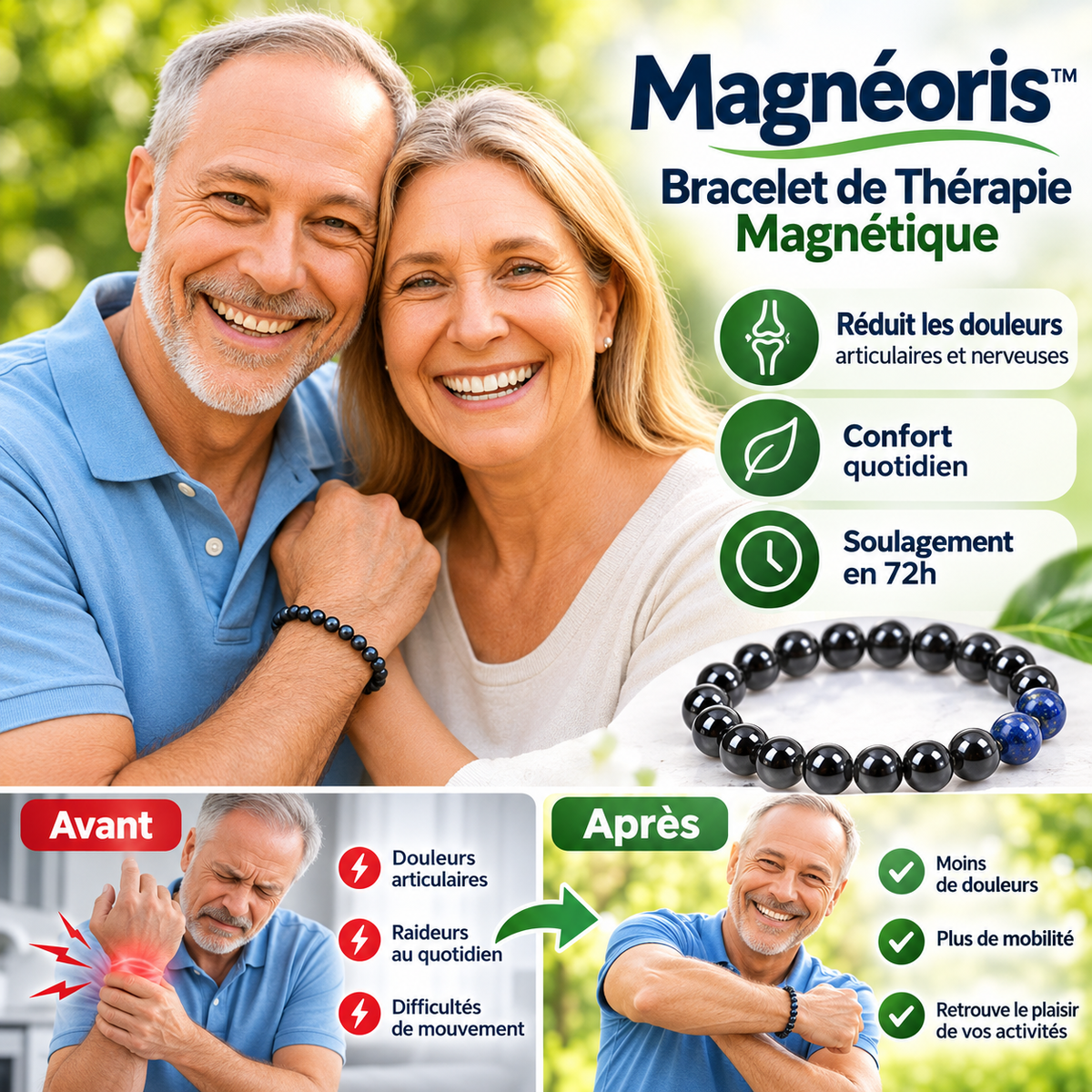 Magnéoris™ Bracelet de Thérapie Magnétique | Réduit les douleurs articulaires et nerveuses de 87 % — en seulement 72 heures!