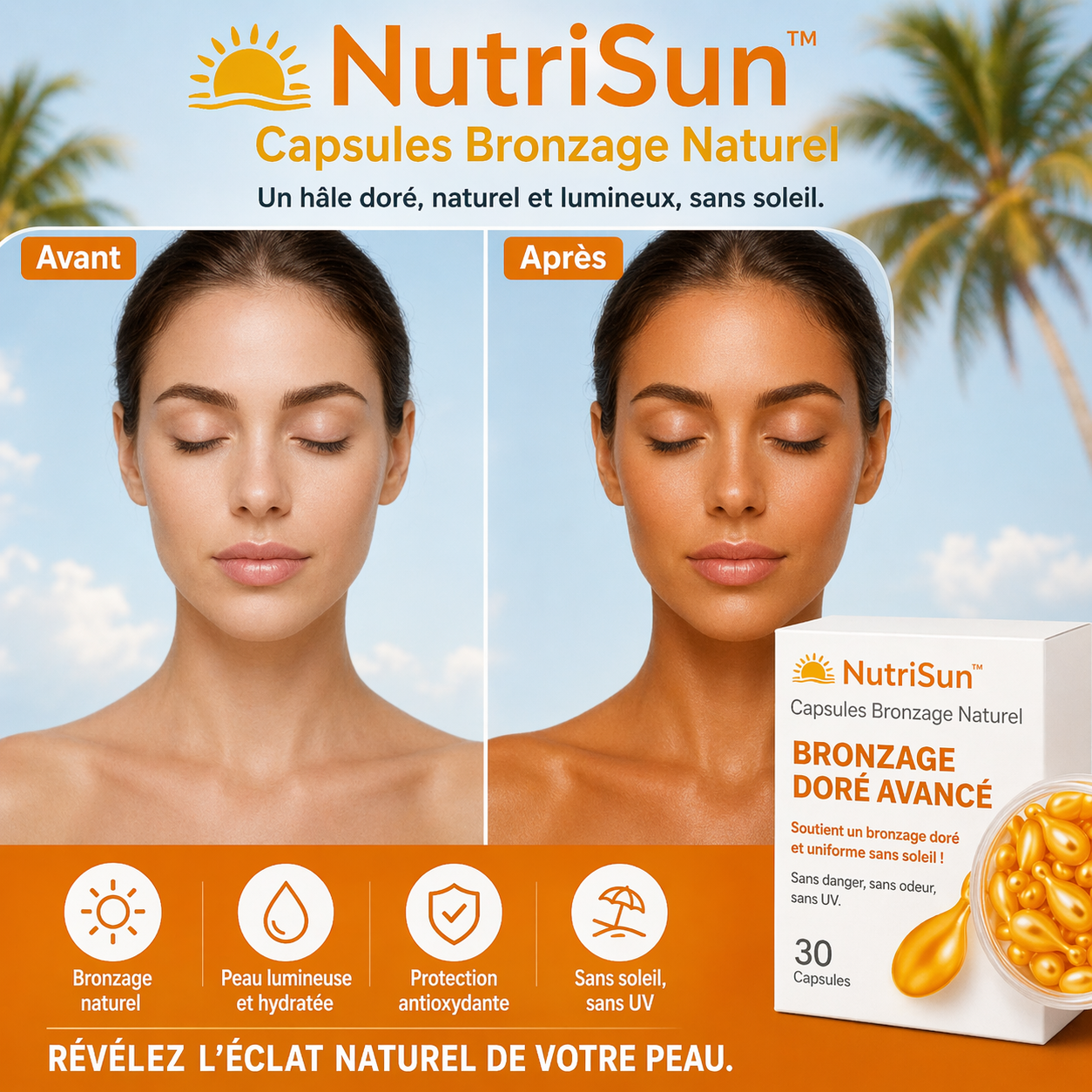NutriSun™ Capsules Bronzage Naturel | Obtenez un bronzage doré et uniforme en seulement 5 jours !
