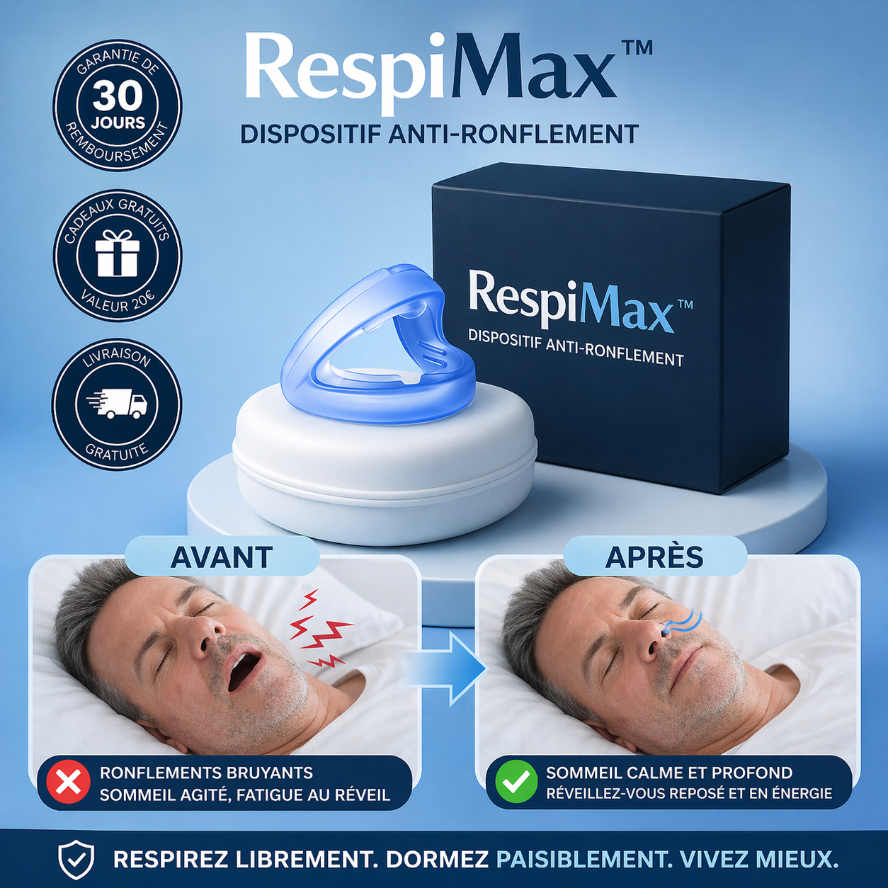 RespiMax™ Dispositif Anti-Ronflement | Stoppez les ronflements et dormez paisiblement en quelques secondes !