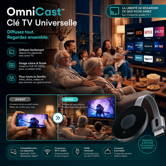 OmniCast™ Clé TV Universelle | Débloquez tous les films et le sport en direct en 5 secondes, sans aucun abonnement !