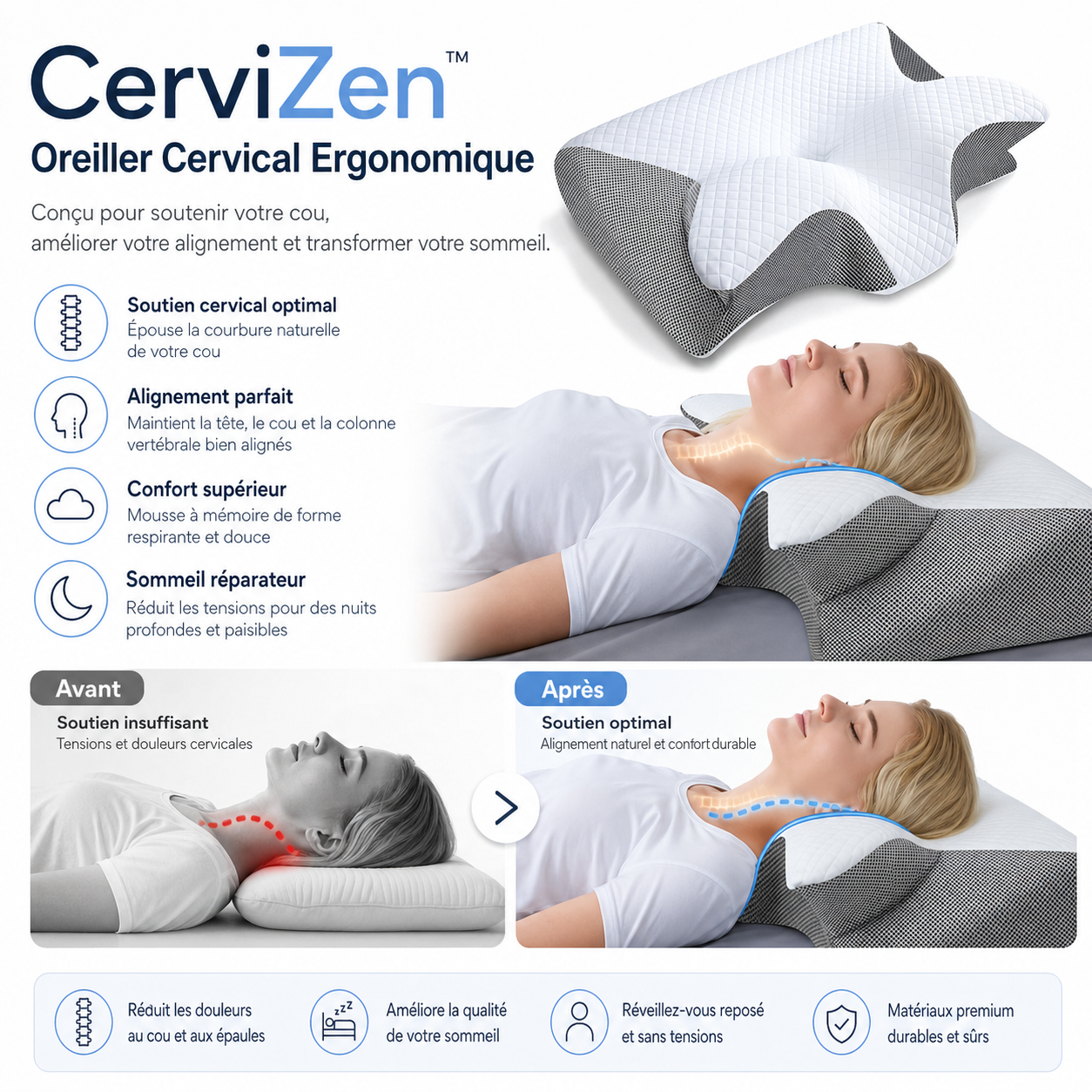 CerviZen™ Oreiller Cervical Ergonomique | Élimine les douleurs cervicales dès la première nuit!