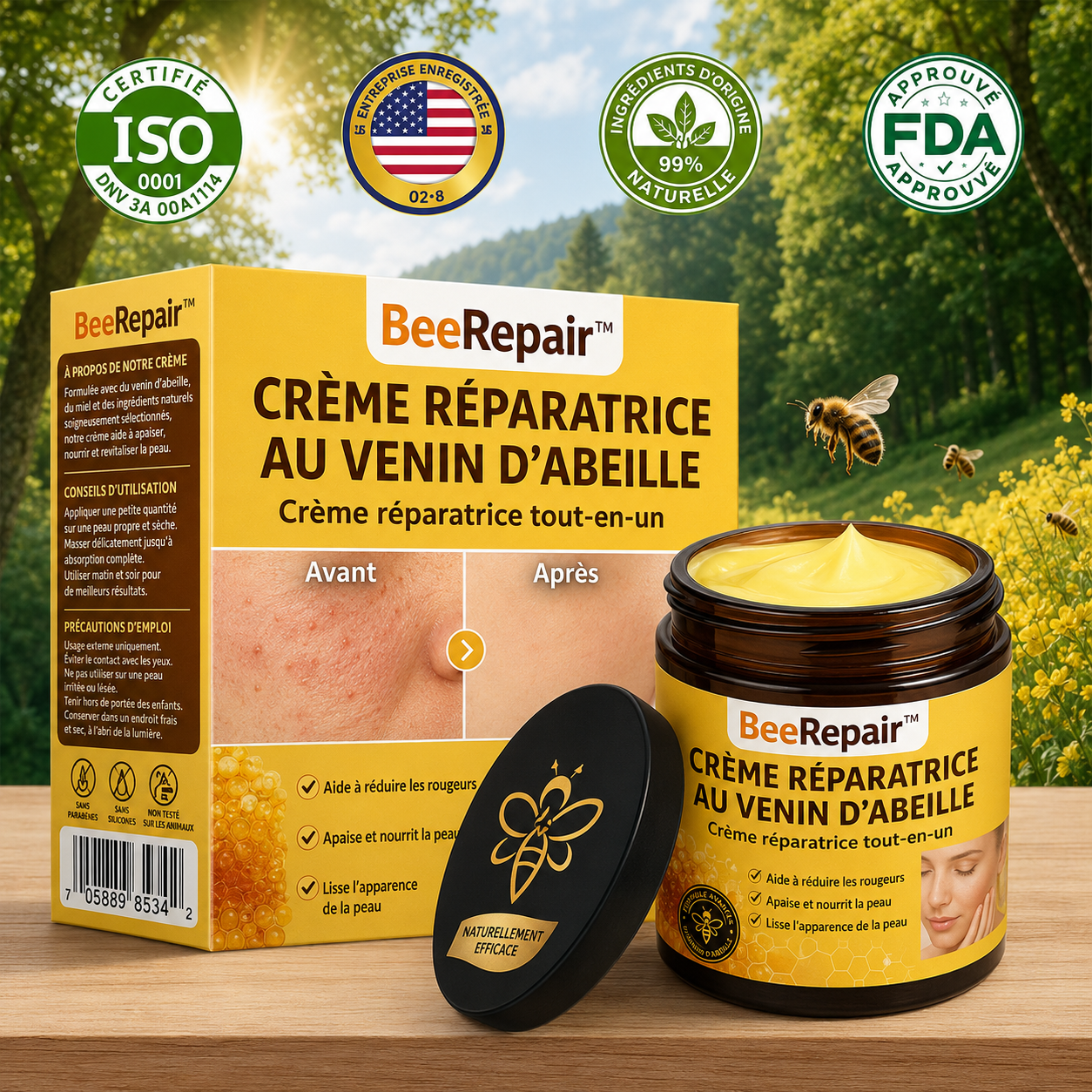 BeeRepair™ Crème Réparatrice au Venin d’Abeille | Élimine eczéma, boutons et rougeurs dès la première application!