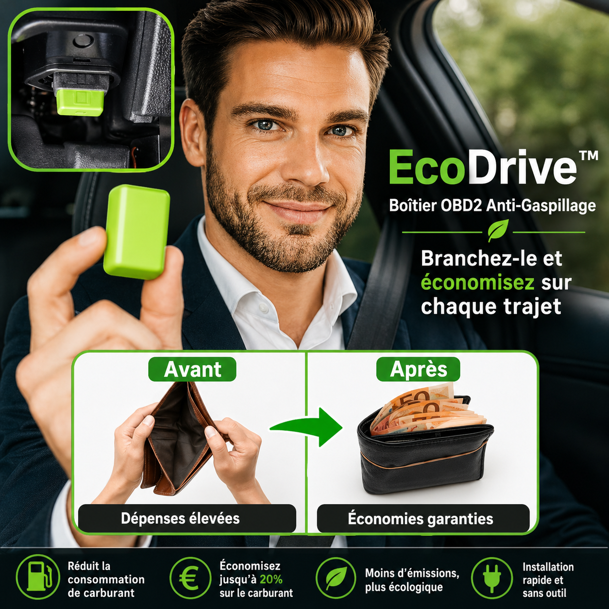 EcoDrive™ Boîtier OBD2 Anti-Gaspillage | Économisez jusqu'à 1500€ sur vos pleins par an, sans passer au garage !