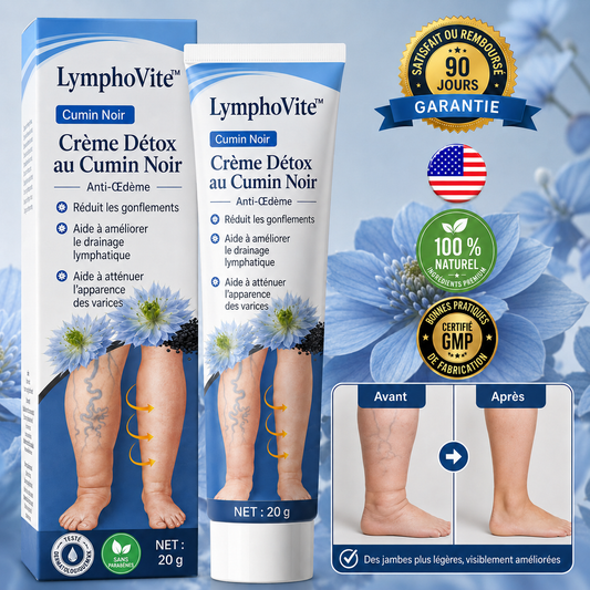 LymphoVite™ Crème Détox au Cumin Noir | Dites adieu aux jambes gonflées et aux œdèmes en 15 minutes !