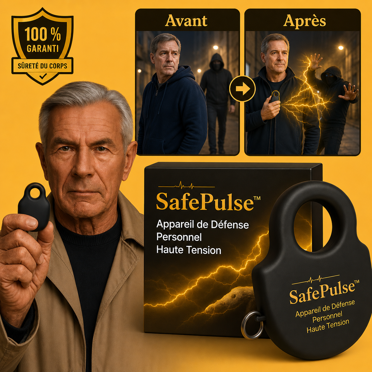 SafePulse™ Appareil de Défense Personnel Haute Tension | Neutralise tout agresseur en 1 seconde, sans effort!