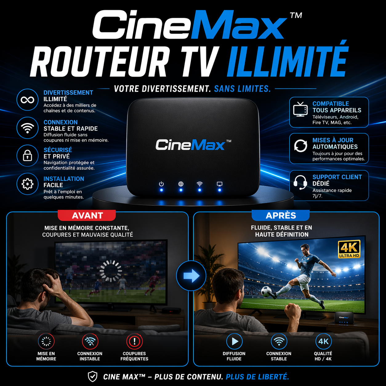 CineMax™ Routeur TV Illimité | Supprimez vos factures télé et profitez de 10 000 chaînes gratuites en 60 secondes !
