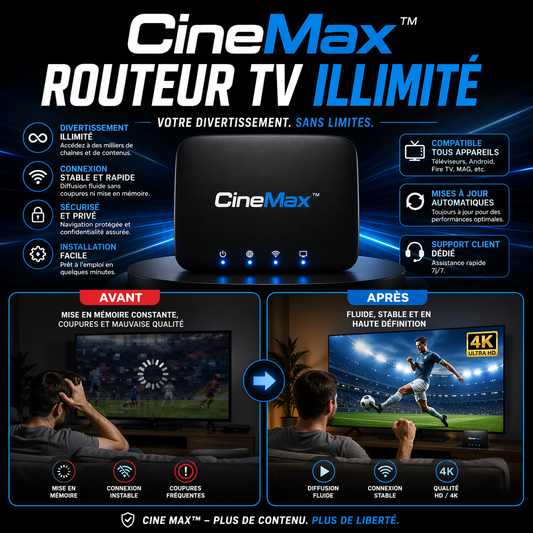 CineMax™ Routeur TV Illimité | Supprimez vos factures télé et profitez de 10 000 chaînes gratuites en 60 secondes !