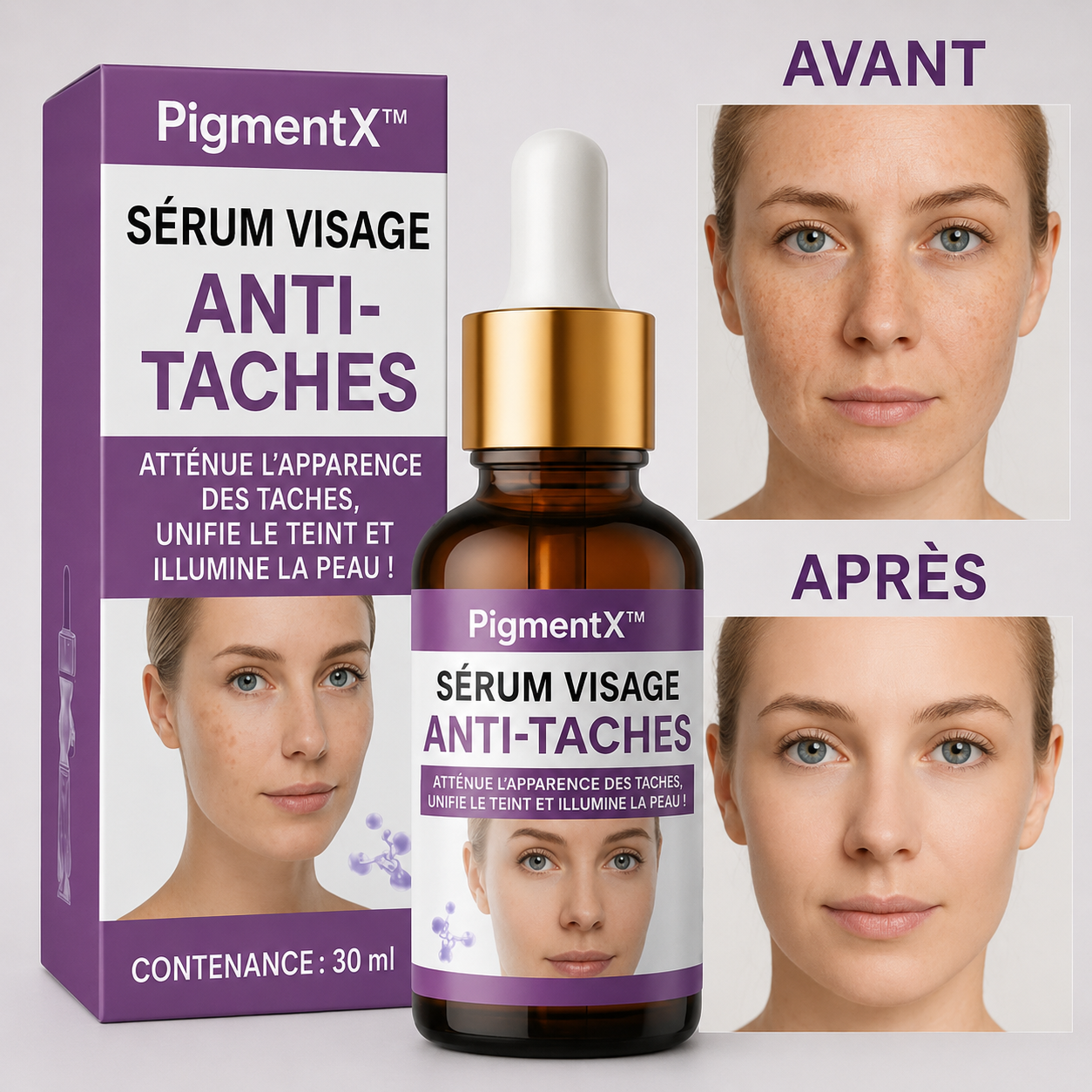 PigmentX™ Sérum Visage Anti-Taches | Élimine les taches, unifie le teint et illumine votre peau en un instant !