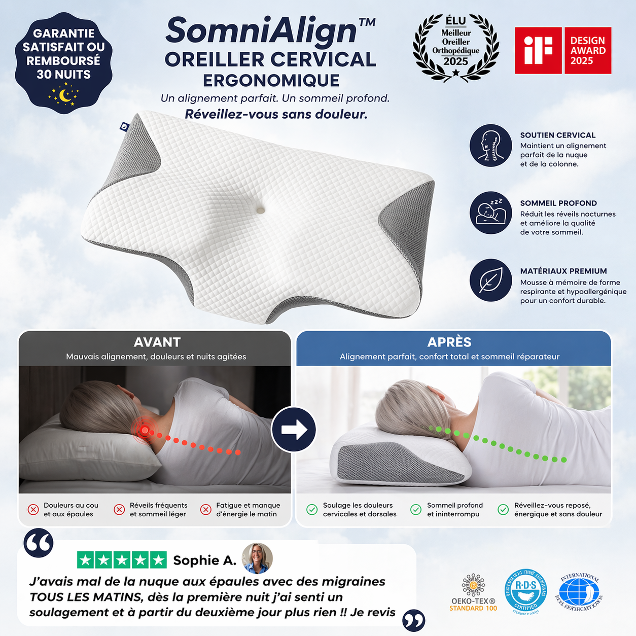 SomniAlign™ Oreiller Cervical Ergonomique | Relâchez toutes vos tensions et supprimez vos maux de tête en 3 minutes chrono !