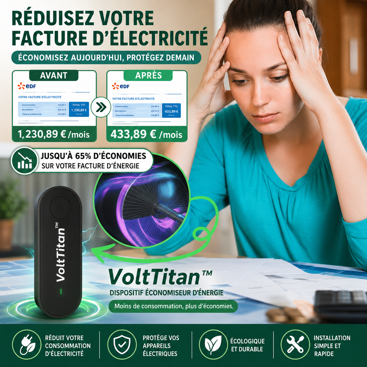 VoltTitan™ Dispositif Économiseur d'Énergie | Réduisez votre facture d'électricité de 86 % dès la première facture, sans rien changer !