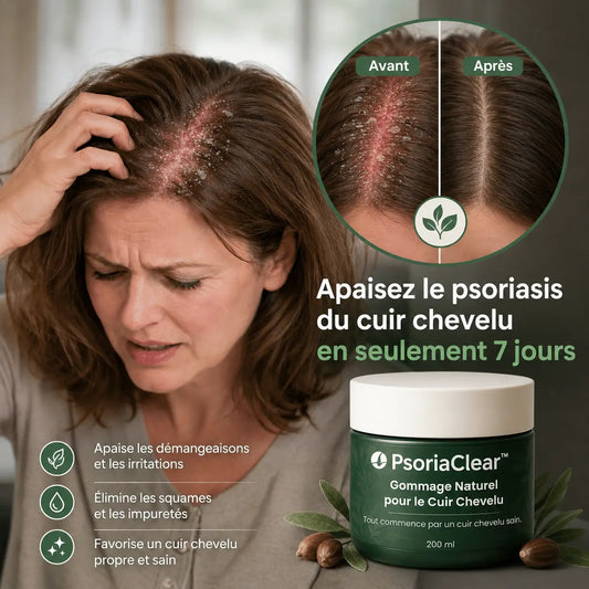 PsoriaClear™ Gommage Naturel pour le Cuir Chevelu | Restaurez Votre Cuir Chevelu du Psoriasis en Seulement 7 Jours !
