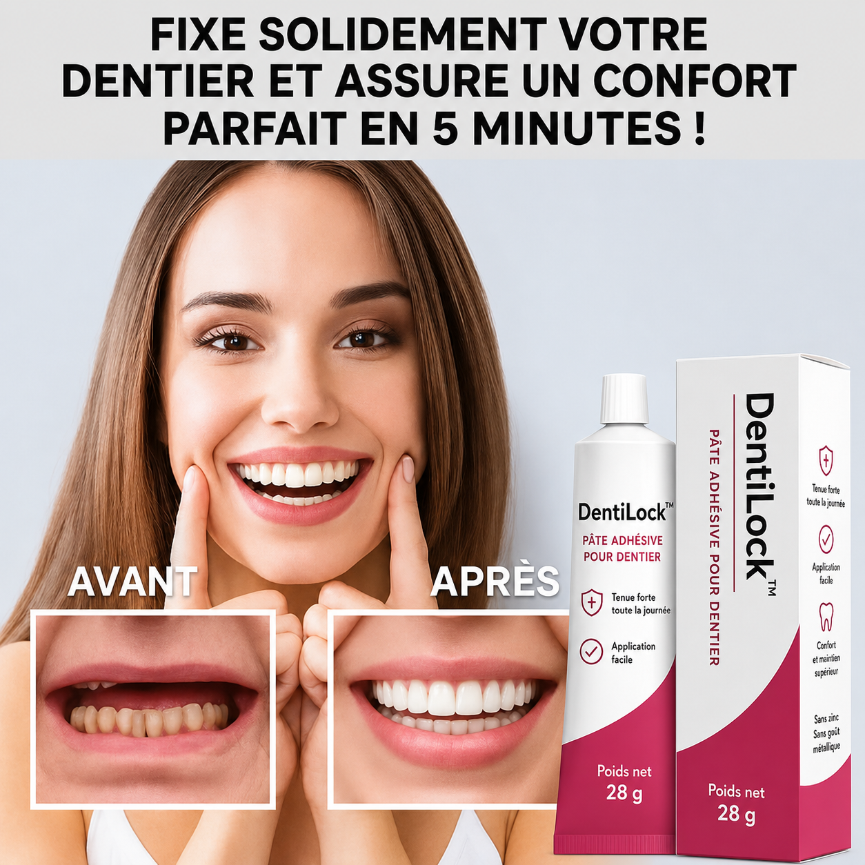 DentiLock™ Pâte Adhésive pour Dentier | Fixe solidement votre dentier et assure un confort parfait en 5 minutes!