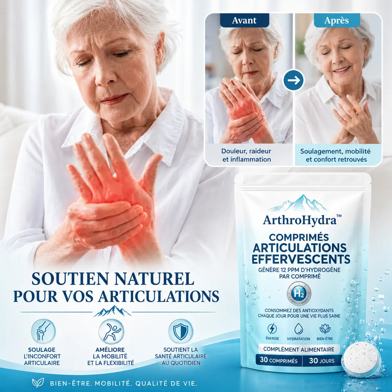 ArthroHydra™ Comprimés Articulations Effervescents | Réparez votre cartilage et retrouvez la mobilité articulaire grâce à l'hydratation cellulaire moléculaire !