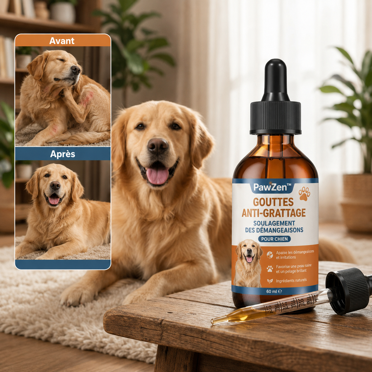 PawZen™ Gouttes Anti-Grattage Chien | Stoppez léchage, rougeurs et démangeaisons en quelques jours !