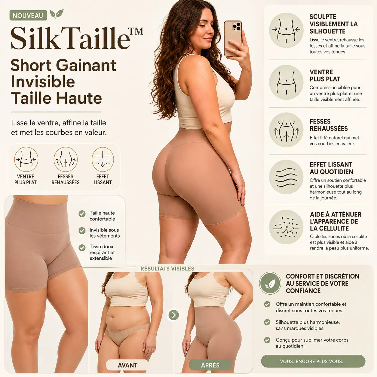 SilkTaille™ Short Gainant Invisible Taille Haute | Aplatissez le ventre, lissez les cuisses et sculptez votre silhouette en 10 secondes !