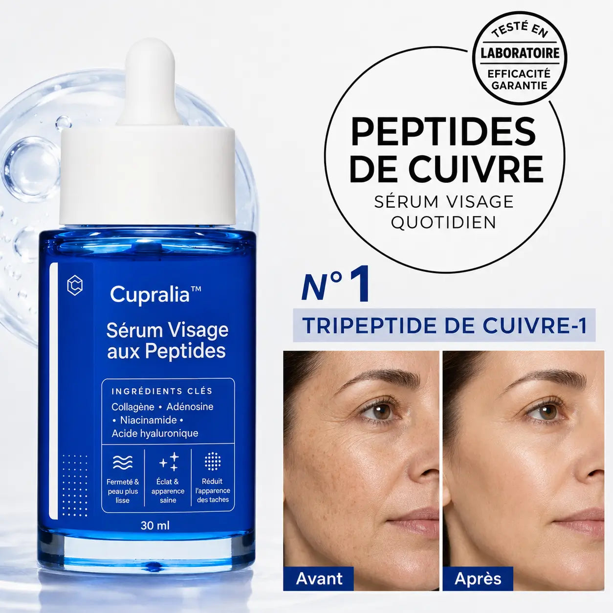 Cupralia™ Sérum Visage aux Peptides | Lissez vos rides et raffermissez votre peau dès les premières gouttes !