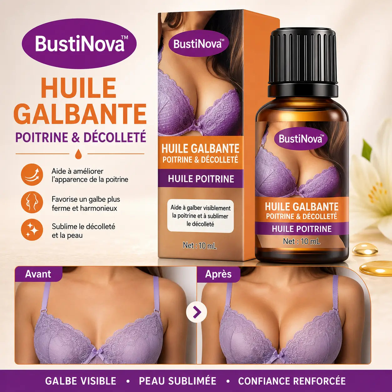 BustiNova™ Huile Galbante Poitrine & Décolleté | Raffermissez, liftez et regonflez visiblement votre buste sans chirurgie !