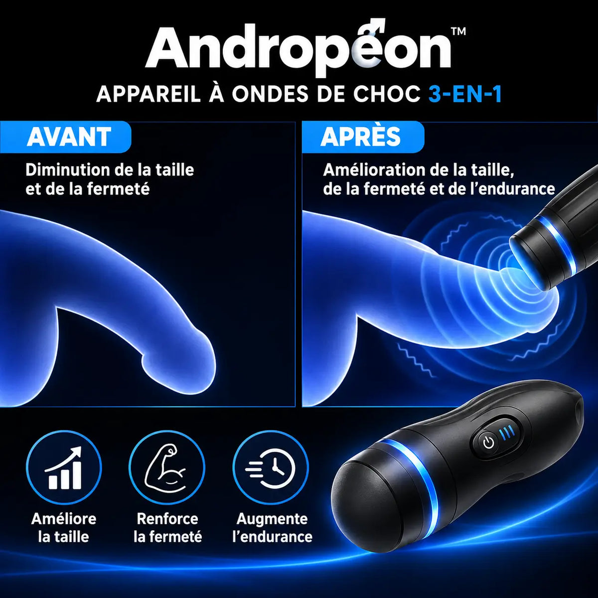 Andropéon™ Appareil à Ondes de Choc 3-en-1 | Renforce vos érections et augmente votre taille dès les premières séances!