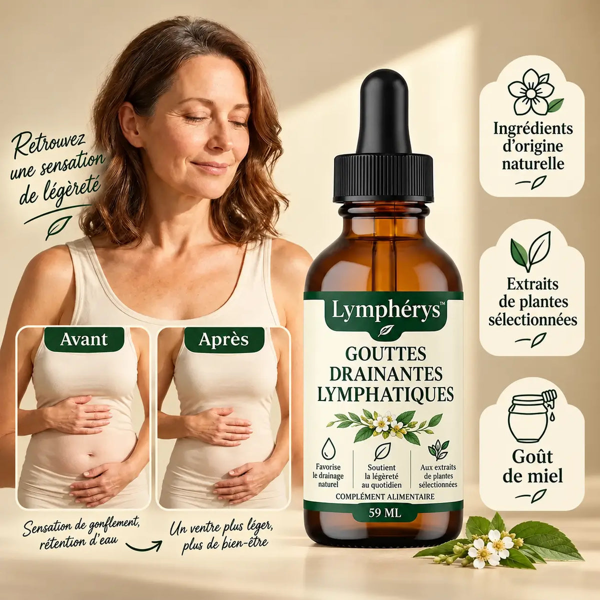Lymphérys™ Gouttes Drainantes Lymphatiques | Dégonflez ventre, jambes et visage en quelques jours en éliminant l’eau piégée sous votre peau !