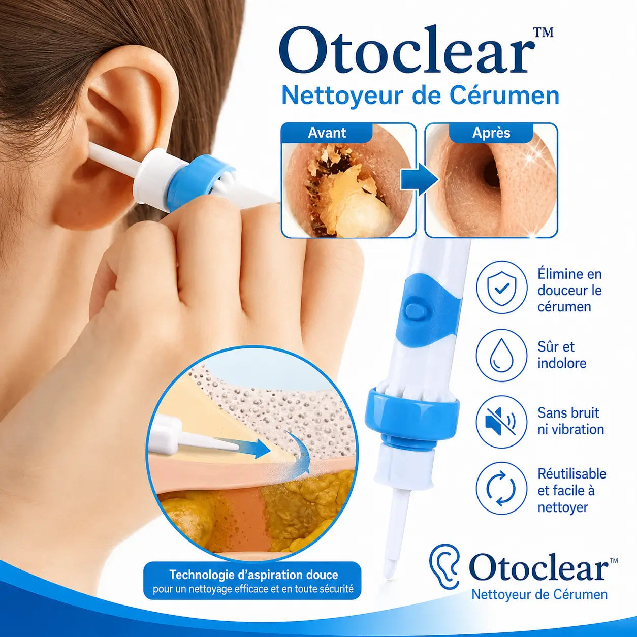 Otoclear™ Nettoyeur de Cérumen | Éliminez jusqu’à 95 % du cérumen grâce à une aspiration douce et contrôlée en 60 sec chrono !