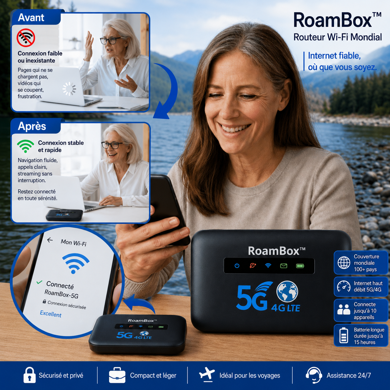 RoamBox™ Routeur Wi-Fi Mondial | Débloquez un internet ultra-rapide dans plus de 150 pays en moins de 5 secondes !