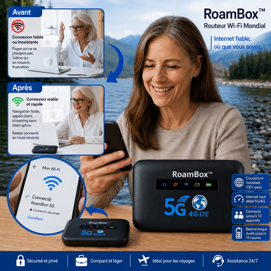 RoamBox™ Routeur Wi-Fi Mondial | Débloquez un internet ultra-rapide dans plus de 150 pays en moins de 5 secondes !