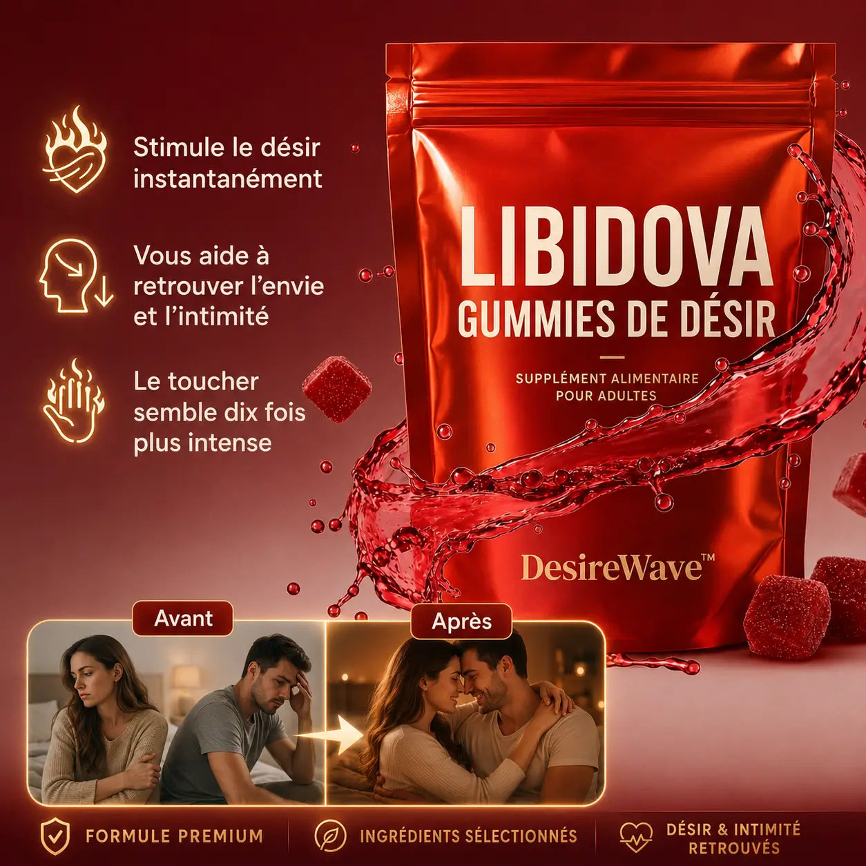 Libidova™ Gummies de Désir | Fini les soirées qui s'évaporent chacun sur son téléphone. Désir ravivé et complicité retrouvée en moins de 45 minutes.