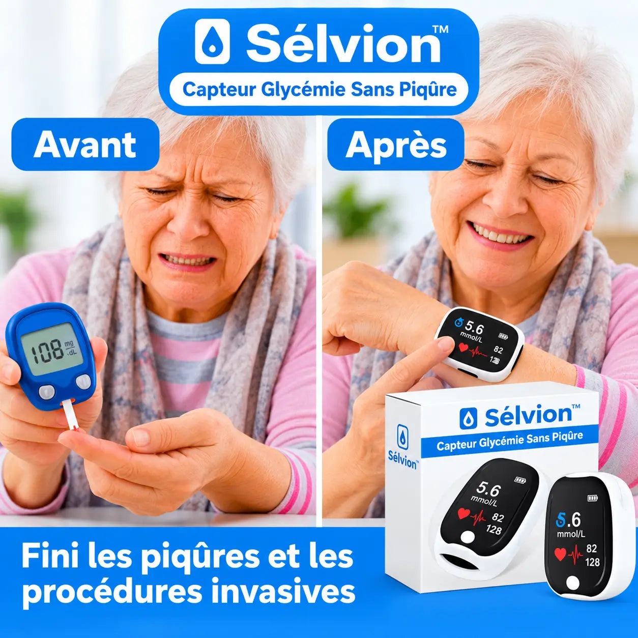 Sélvion™ Capteur Glycémie Sans Piqûre | Vérifiez votre sucre en 5 secondes, sans sang ni douleur !