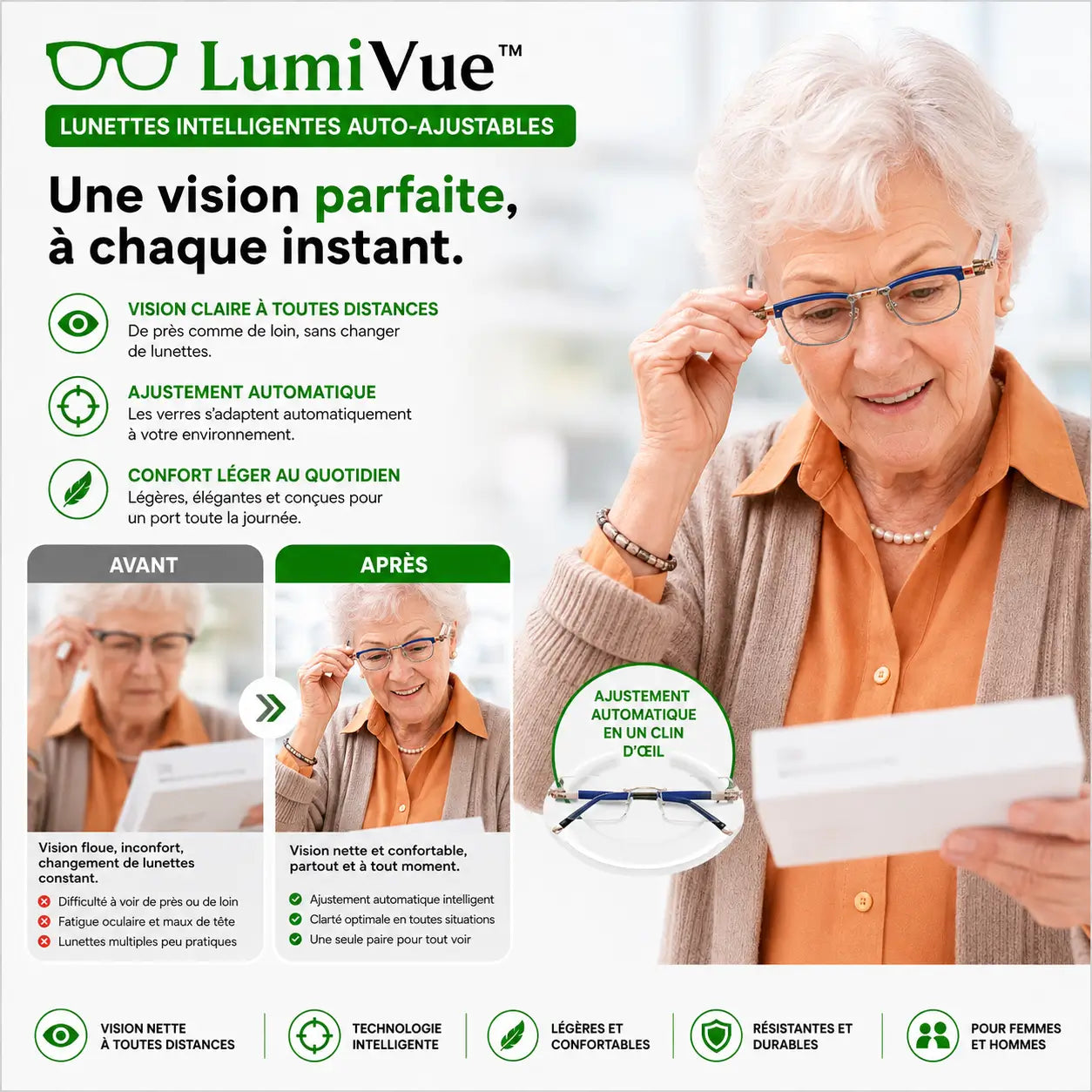 LumiVue™ Lunettes Intelligentes Auto-Ajustables | Voyez net de près comme de loin en 3 secondes, sans changer de lunettes !