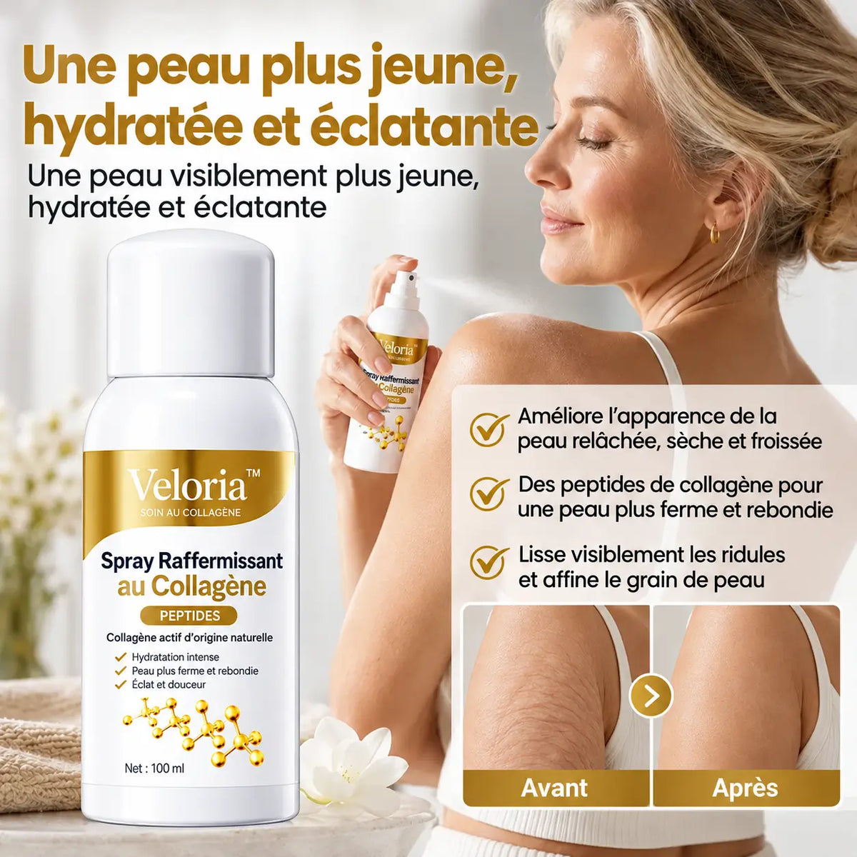Veloria™ Spray Raffermissant au Collagène | Raffermissez, lissez et hydratez votre peau relâchée en quelques jours !