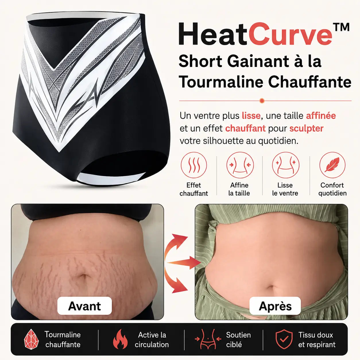 HeatCurve™ Short Gainant à la Tourmaline Chauffante | Brûle la graisse du ventre dès la première heure!