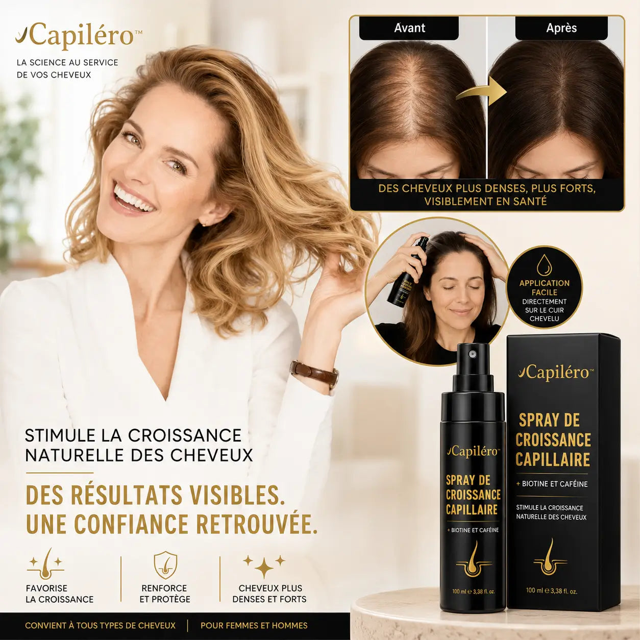 Capiléro™ Spray de croissance capillaire | Aide à réduire la chute des cheveux et rend vos cheveux visiblement plus épais en seulement 14 jours !