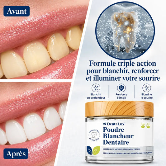 DentaLux™ Poudre Blancheur Dentaire | Jusqu’à 8 teintes plus blanches en 7 jours, sans peroxyde ni sensibilité !