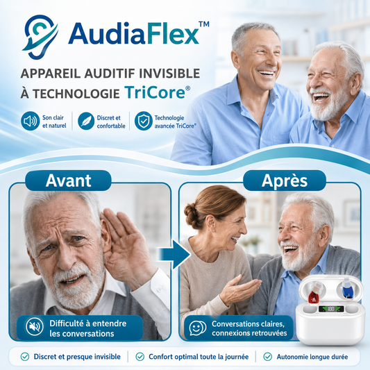 AudiaFlex™ Appareil Auditif Invisible à Technologie TriCore | Entendez parfaitement en 3 secondes, sans aucun sifflement!