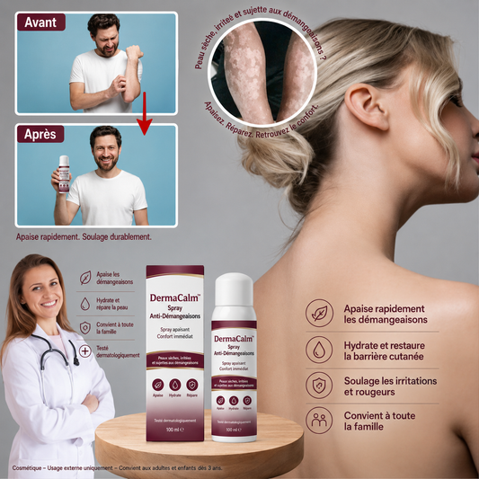 DermaCalm™ Spray Anti-Démangeaisons | Supprimez rougeurs, irritations et peau sèche dès 7 jours !