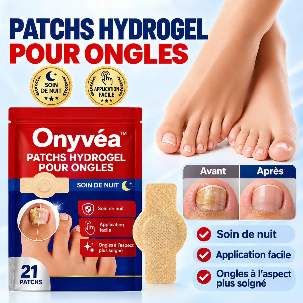Onyvéa™ Patch Hydrogel Anti-Mycose pour Ongles | Effacez l’aspect jaune, épais et abîmé pendant votre sommeil !