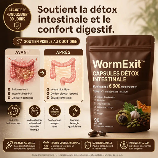 WormExit™ Capsules Détox Intestinale | Fini le ventre gonflé, la fatigue inexpliquée et le brouillard mental. Un système digestif enfin libéré des parasites en 14 jours !