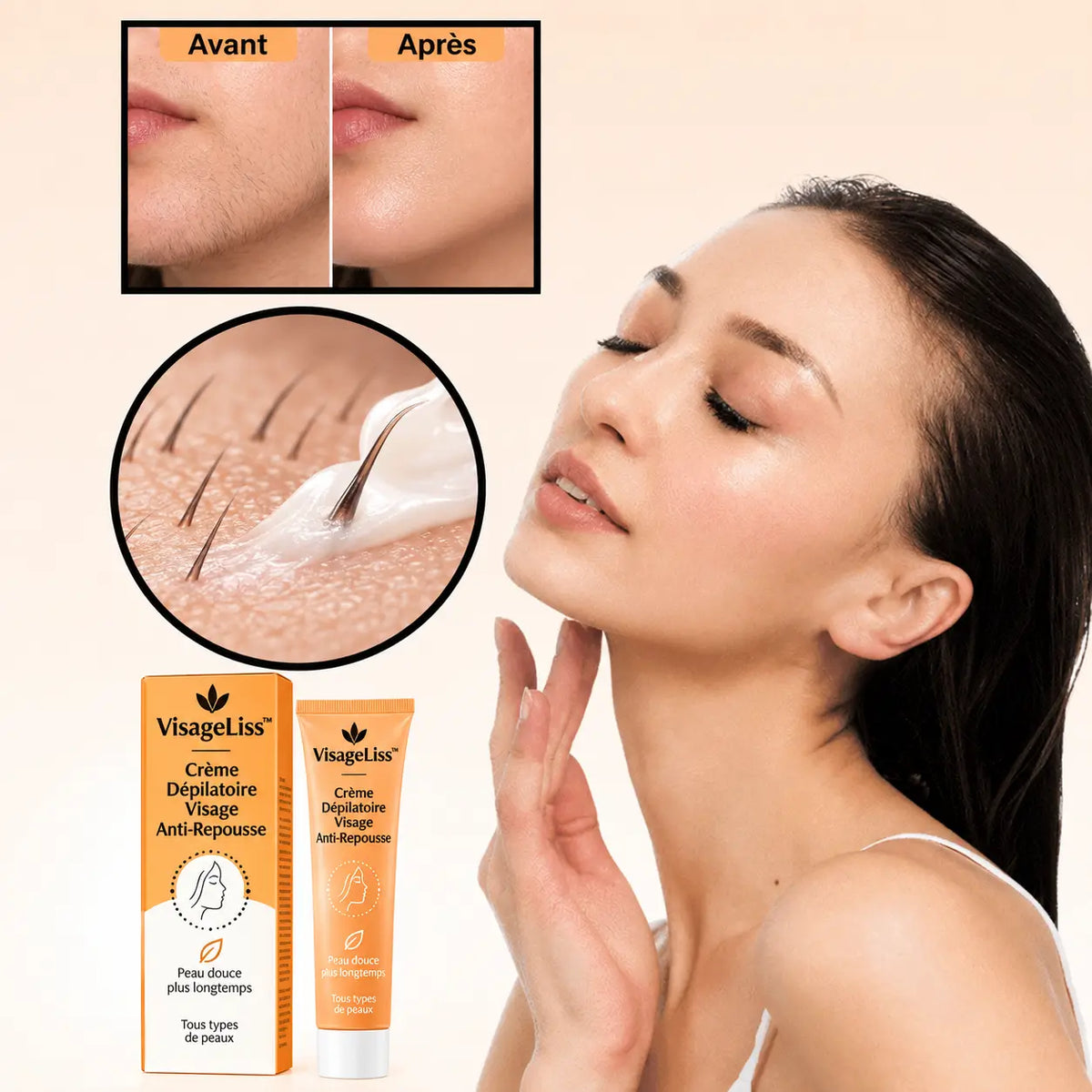VisageLiss™ Crème Dépilatoire Visage Anti-Repousse | Arrête 97% de la croissance hormonale des poils à la racine en seulement 4 jours !