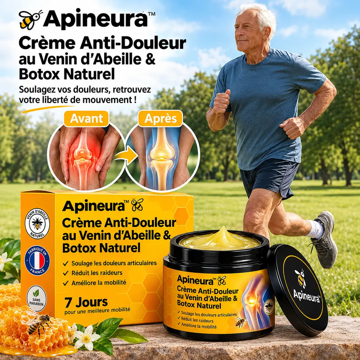 Apineura™ Crème Anti-Douleur au Venin d’Abeille & Botox Naturel | Répare les os fragiles et soulage en 5 minutes!