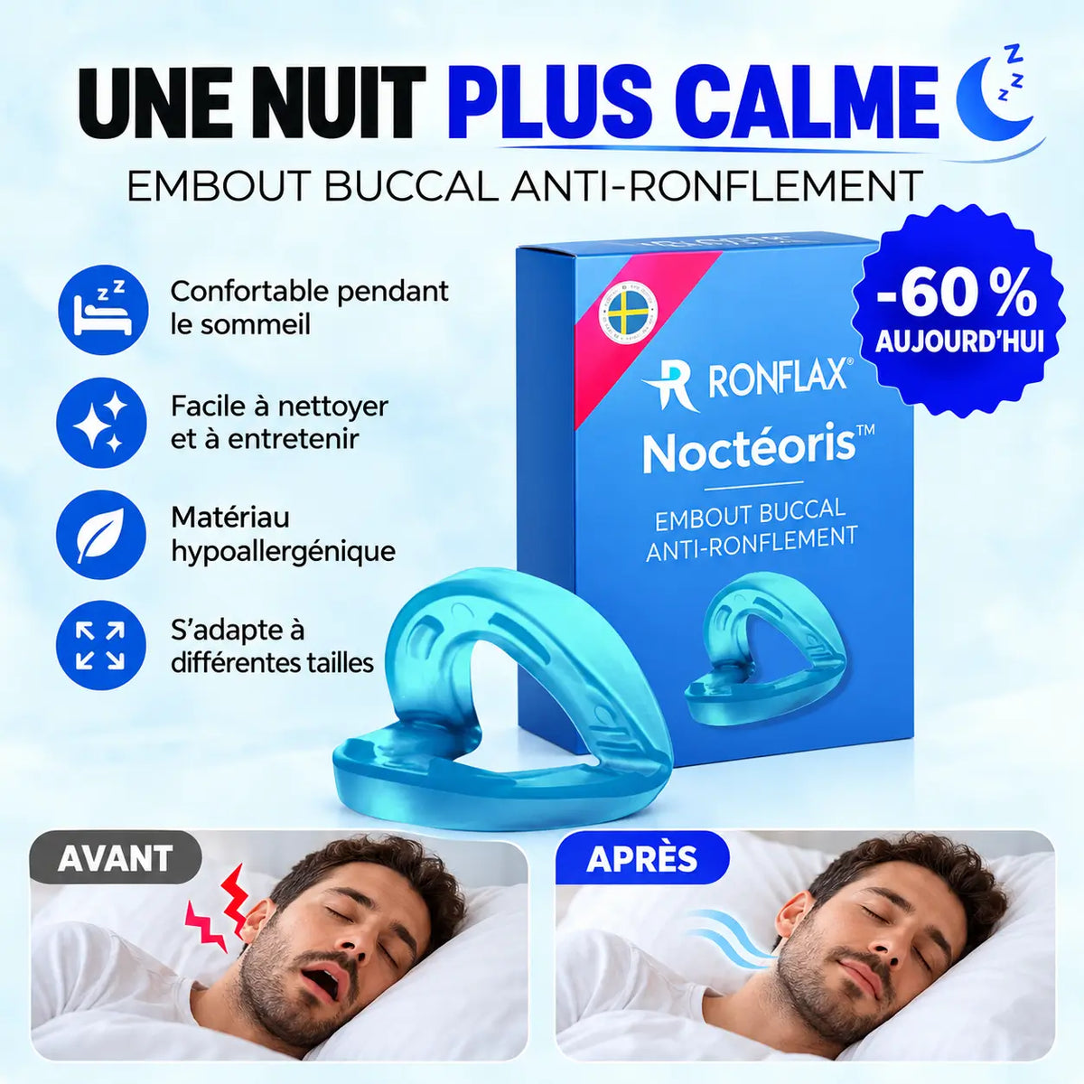Noctéoris™ Embout Buccal Anti-Ronflement | Stoppez les ronflements dès la 1re nuit, ou dormez seul à vie!