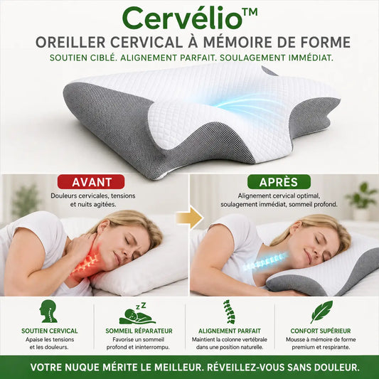 Cervélio™ Oreiller Cervical à Mémoire de Forme | Retrouvez des nuits sans douleurs en 3 minutes !