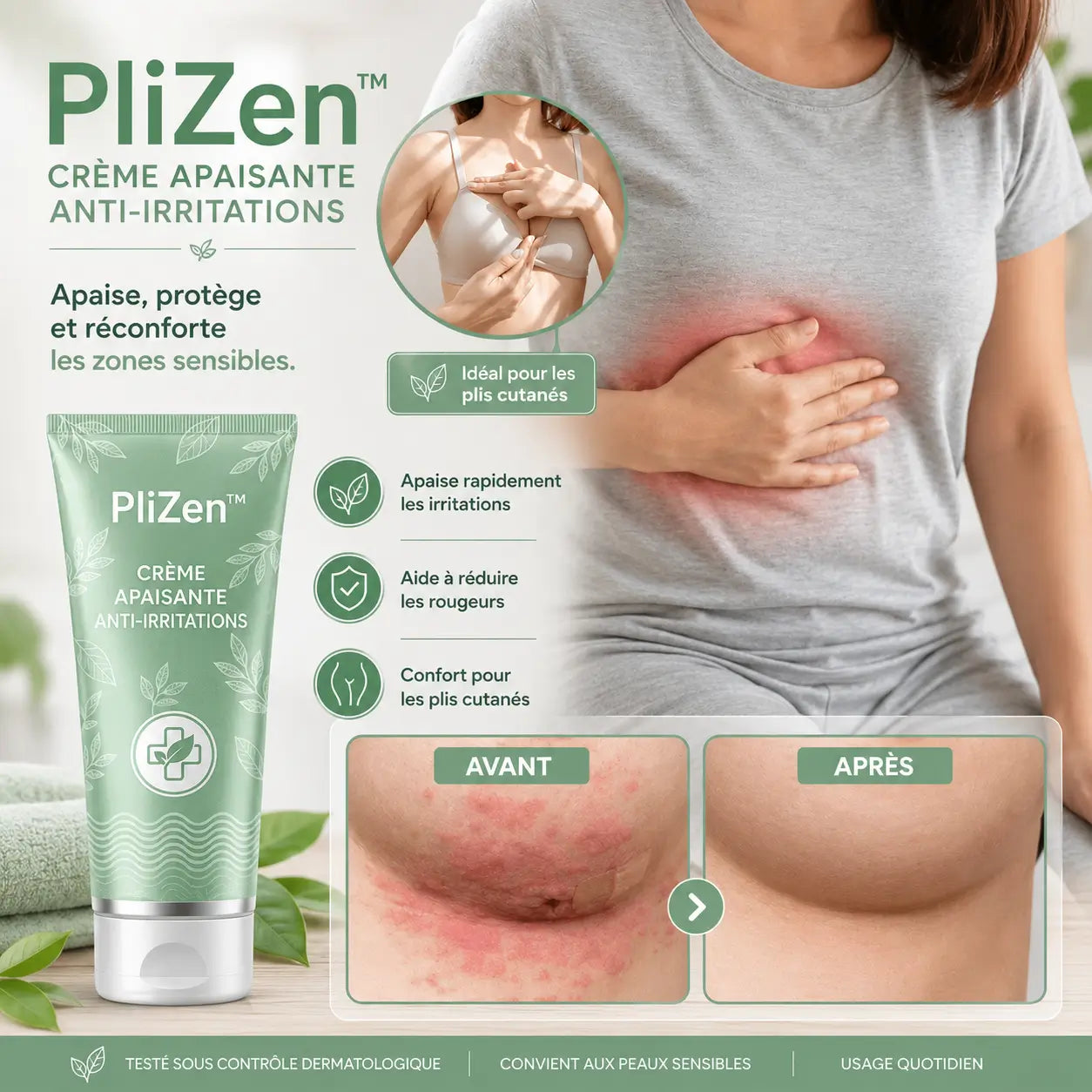 PliZen™ Crème Apaisante Anti-Irritations | Élimine 98 % des éruptions cutanées en 7 jours !