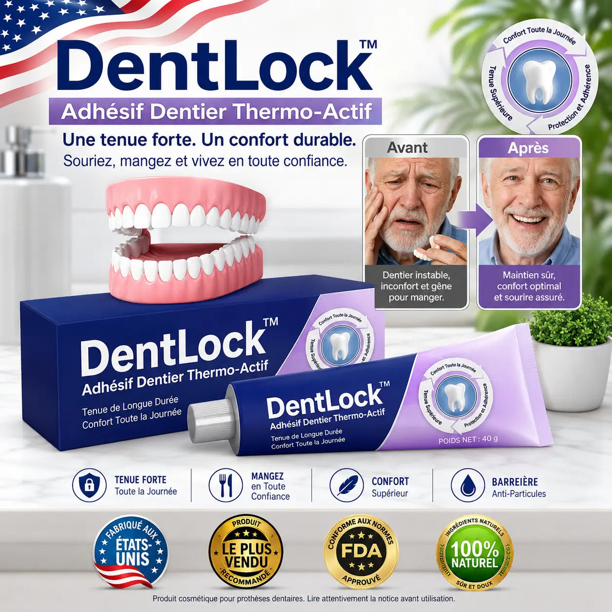 DentLock™ Adhésif Dentier Thermo-Actif | Bloquez votre dentier jusqu’à 96 heures et remangez sans peur !