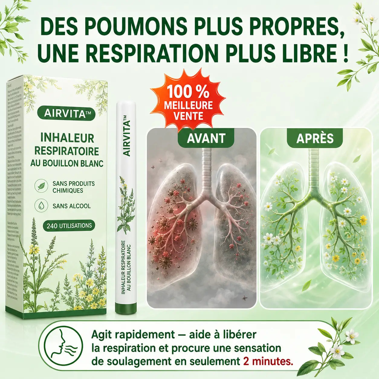AirVita™ Inhaleur Respiratoire au Bouillon Blanc | Respirez plus librement en 2 minutes, sans gélules ni sirops !