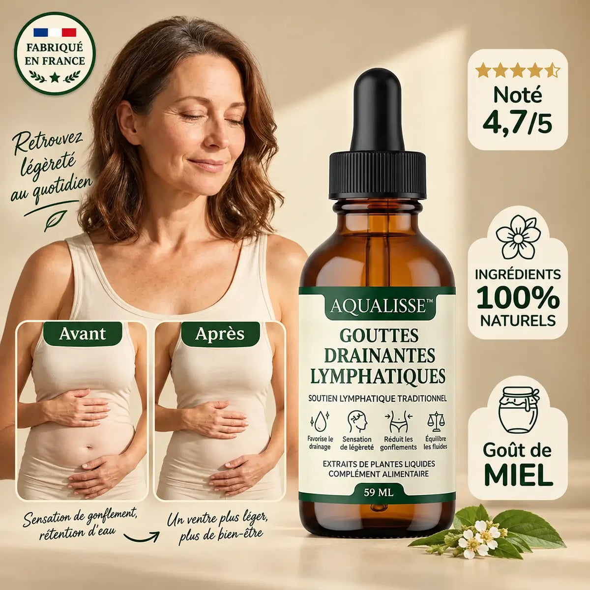 Aqualisse™ Gouttes Drainantes Lymphatiques | Dégonflez ventre, jambes et visage en quelques jours en éliminant l’eau piégée sous votre peau !
