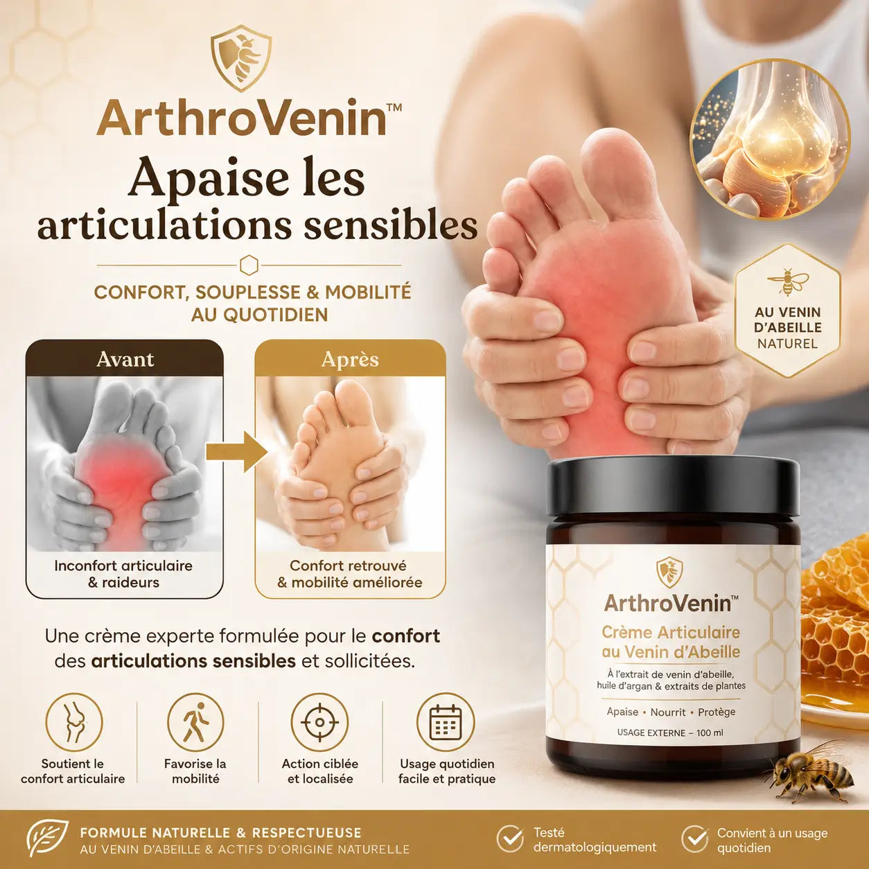 ArthroVenin™ Crème Articulaire au Venin d’Abeille | Pour des articulations sans douleur et une meilleure mobilité !