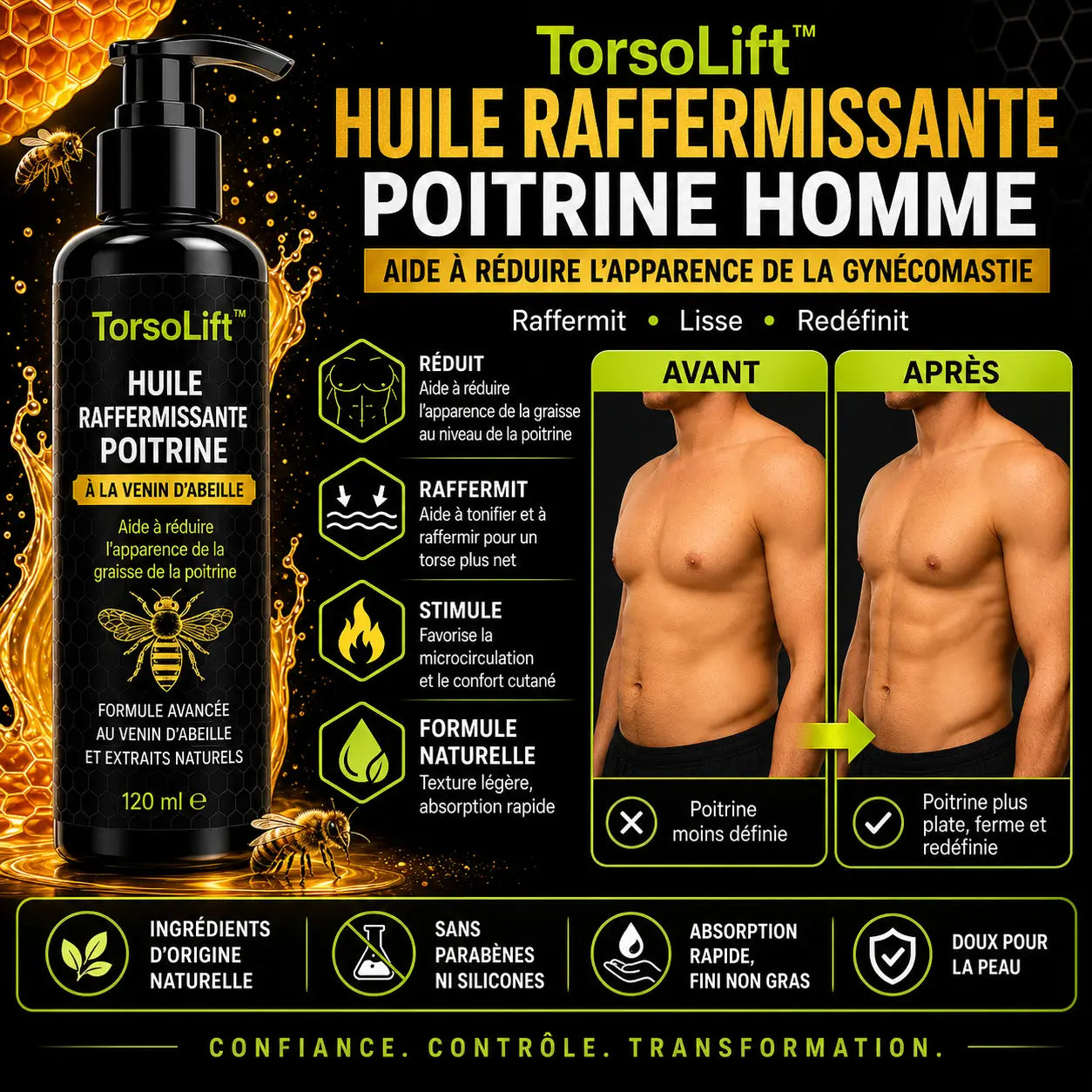 TorsoLift™ Huile Raffermissante Poitrine Homme | Élimine la poitrine masculine en seulement 7 jours !