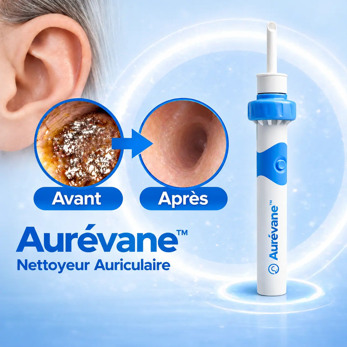 Aurévane™ Nettoyeur Auriculaire | Éliminez 95 % du cérumen en 60 secondes chrono !